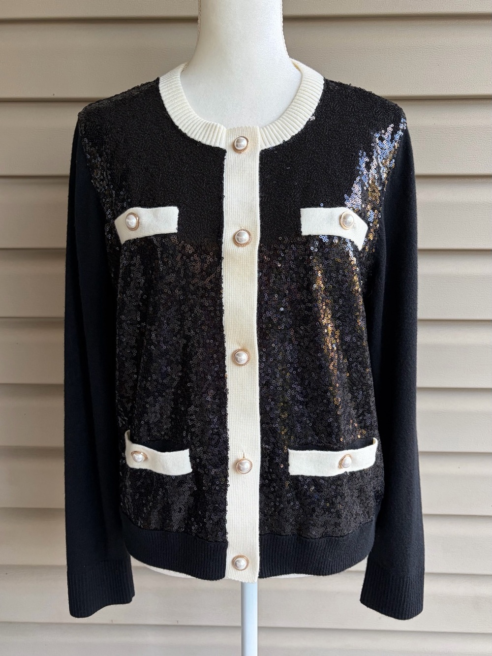 •Talbots• Black Sequin Cardigan Sweater with Pearl Buttons - Size Medium